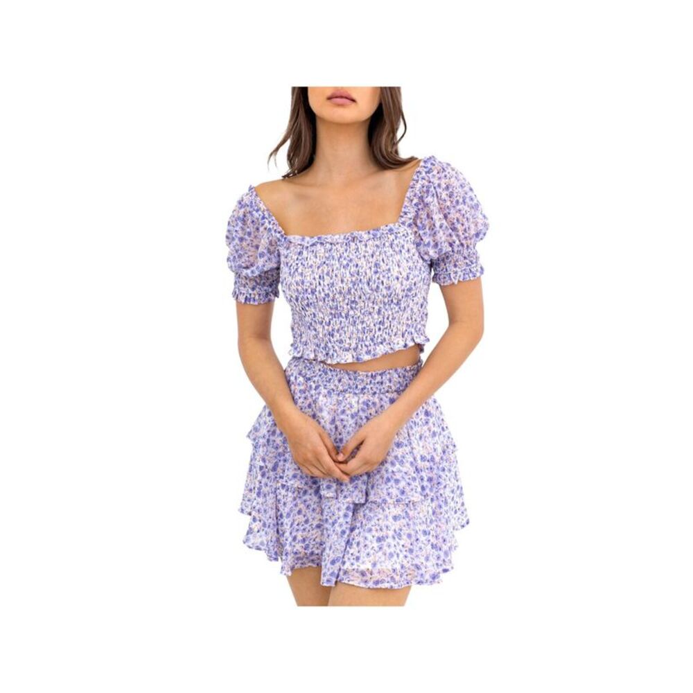 LELIS COLLECTION Womens Blue Stretch Smocked Pouf Sleeve Square Neck Crop Top M